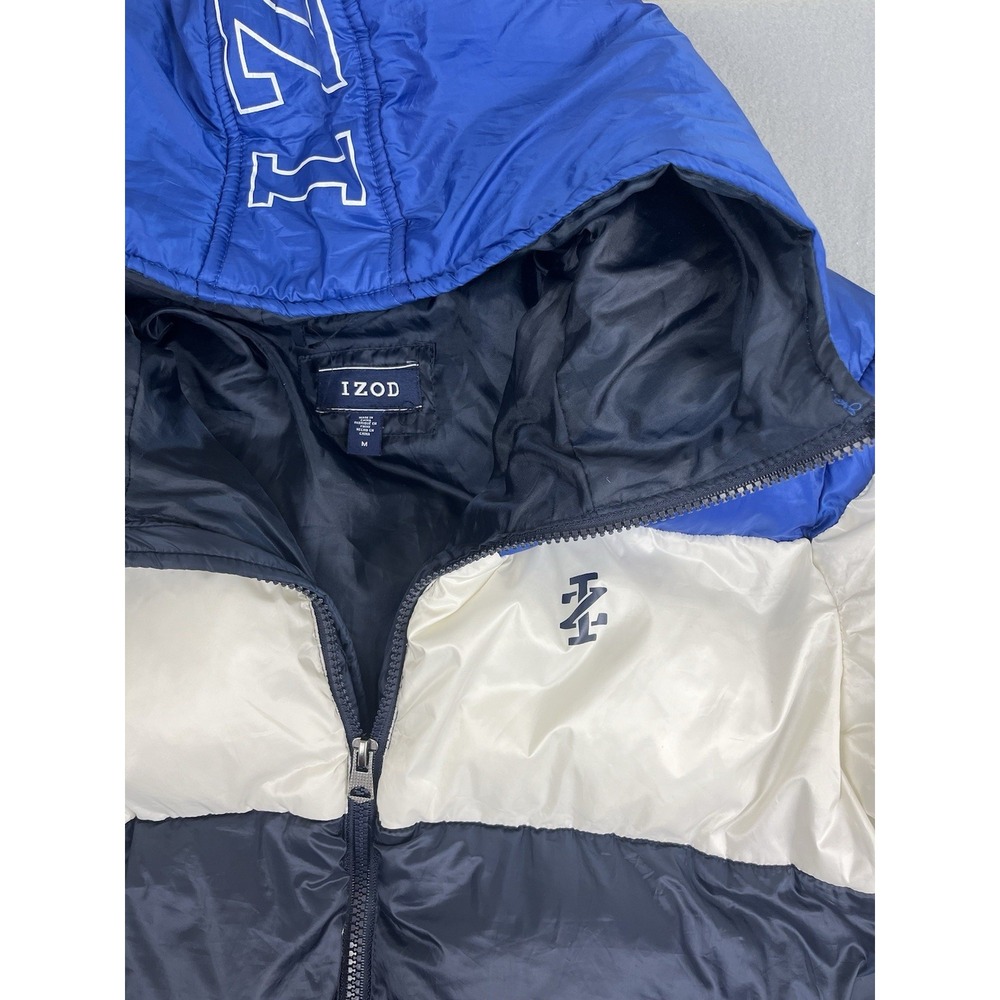 Izod Men's M Puffer Jacket Coat Hoodie Pockets‎ White Blue Bomber